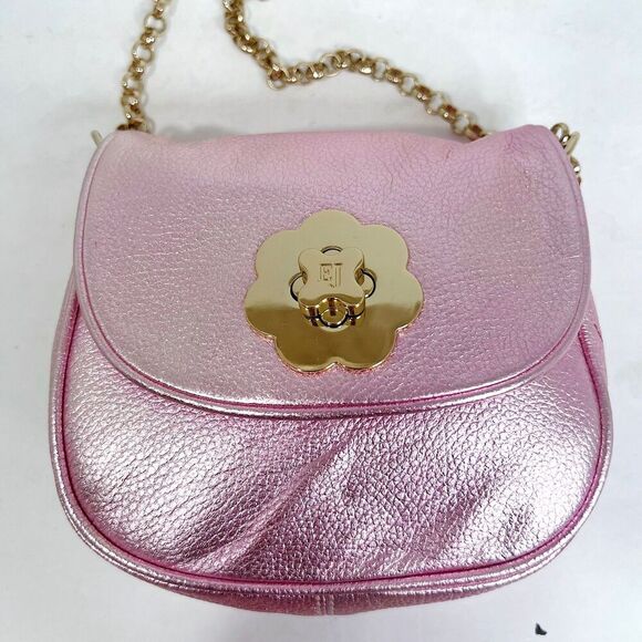 NWOT Eric Javits Pink Metallic Pebbled Leather Crossbody Bag Gold Chain Purse - Picture 2 of 11